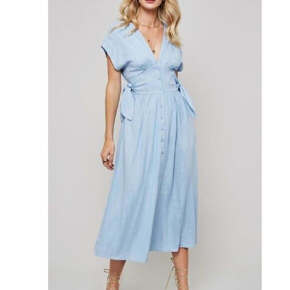 Promesa Linen Blend Tan Side Tie Midi Dress size Large - Picture 2 of 7